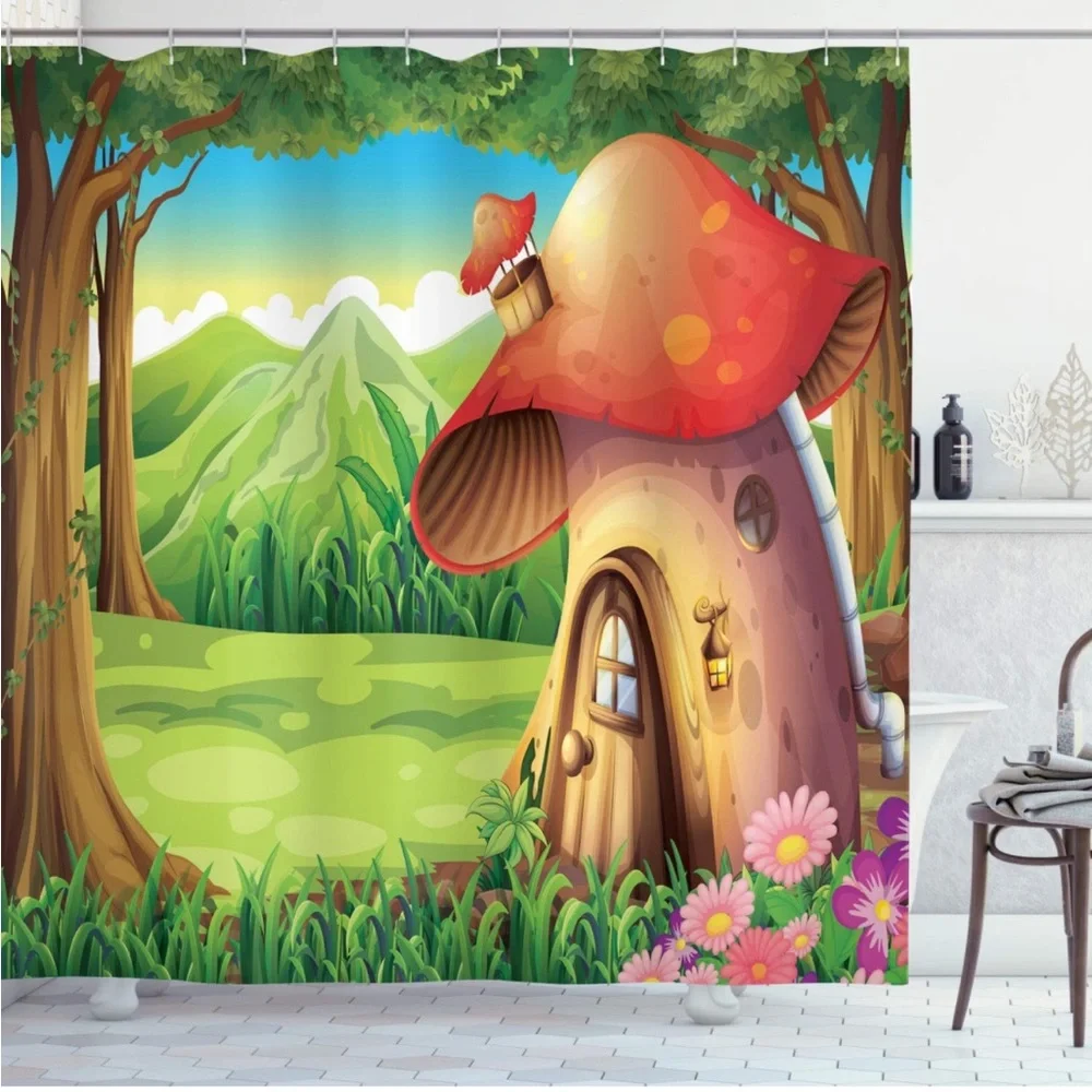 Mushroom Shower Curtain, Cartoon Funny House with Hooks, 69